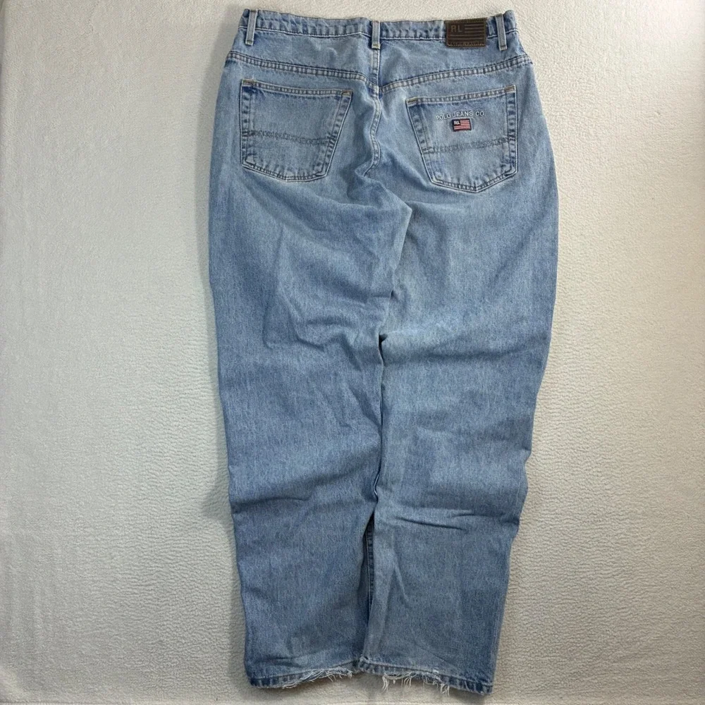 Y2K Polo Ralph Lauren Baggy Jeans Men 36x34 Blue Embroidered Denim Co Distressed